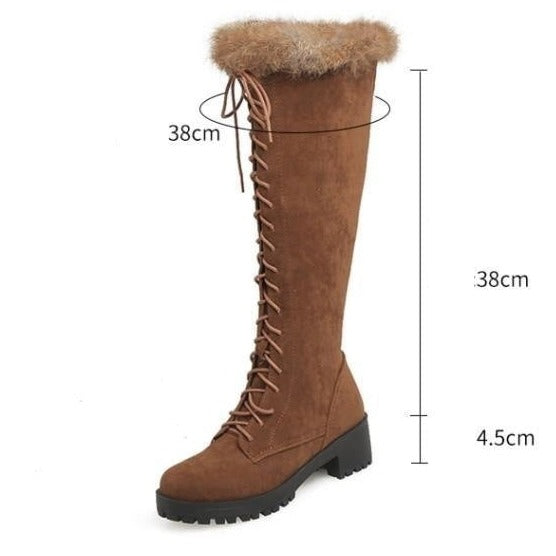 Women Knee High Faux Fur Winter Lace Up Boots