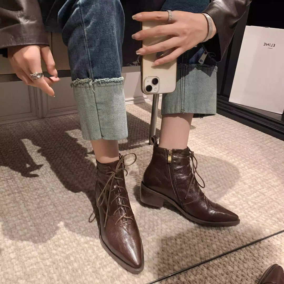 Women's Leather Lace-Up Ankle Boots – Pointed Toe & Block Heel
