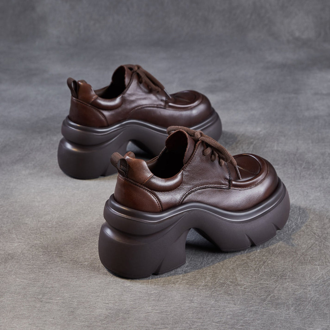 Women's Platform Genuine Leather Oxfords High Chunky Heel Lace Up Casual Shoes