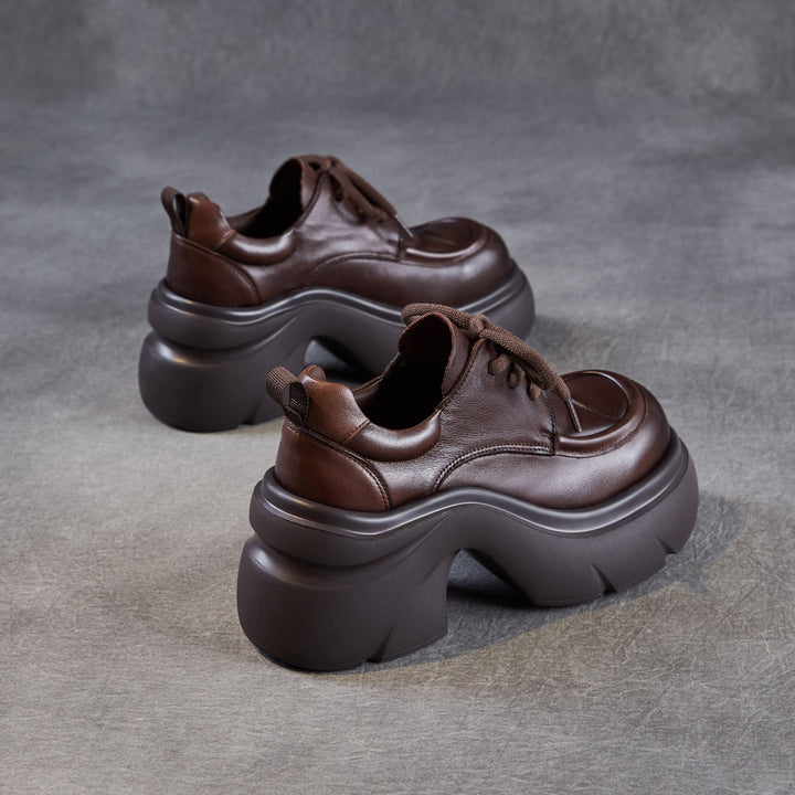 Women's Platform Genuine Leather Oxfords High Chunky Heel Lace Up Casual Shoes