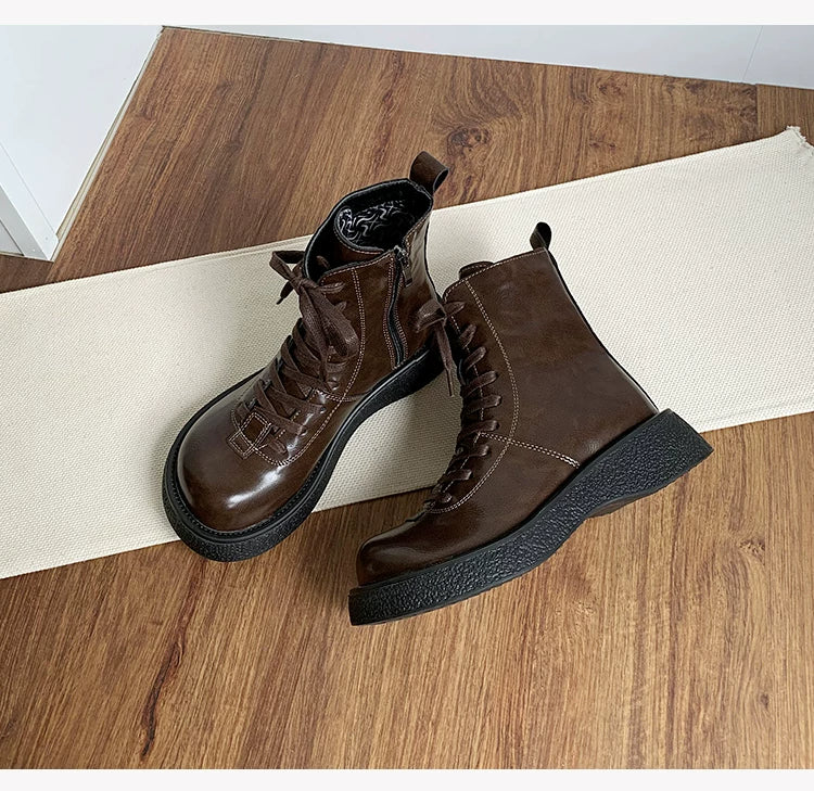 Women's Ankle Boots Lace Up Mid Calf Combat Booties Platform Low Heel
