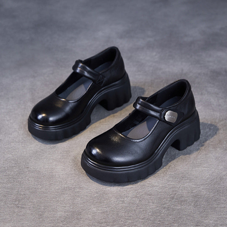 Luxury Leather Mary Janes for Women - Platform Heel with Velcro