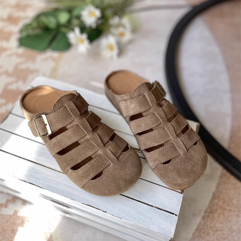 Women's Suede Round Toe Hollowed Out Casual Buckle Mule