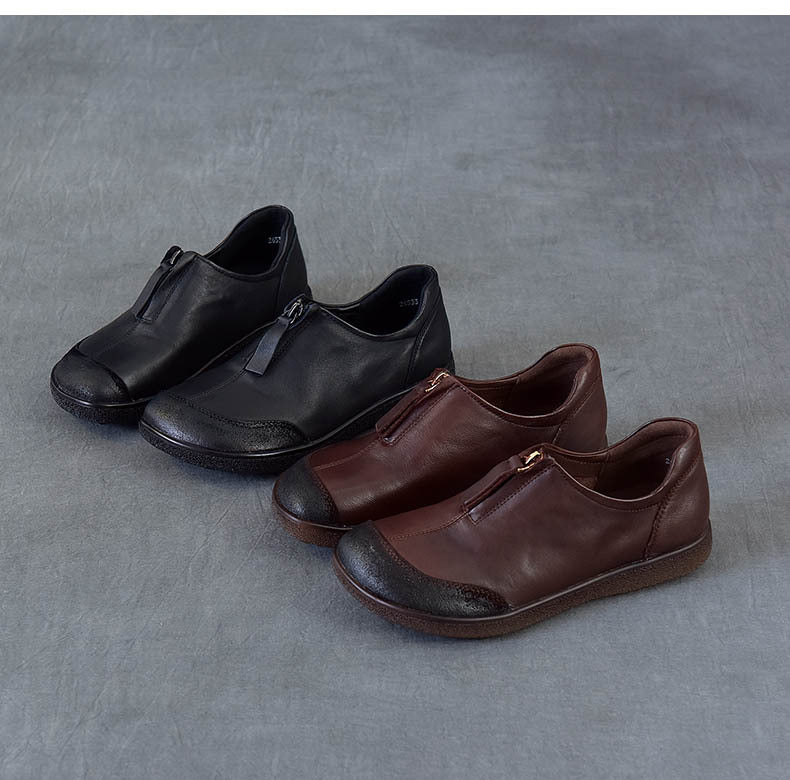 Women's Vintage Leather Slip-On Flats Front Zipper Soft Sole Driving Shoes