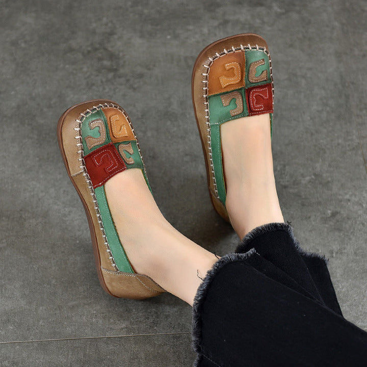 Women’s Retro Handmade Leather Colour-Block Flats – Round Square Toe Soft Sole Shoes