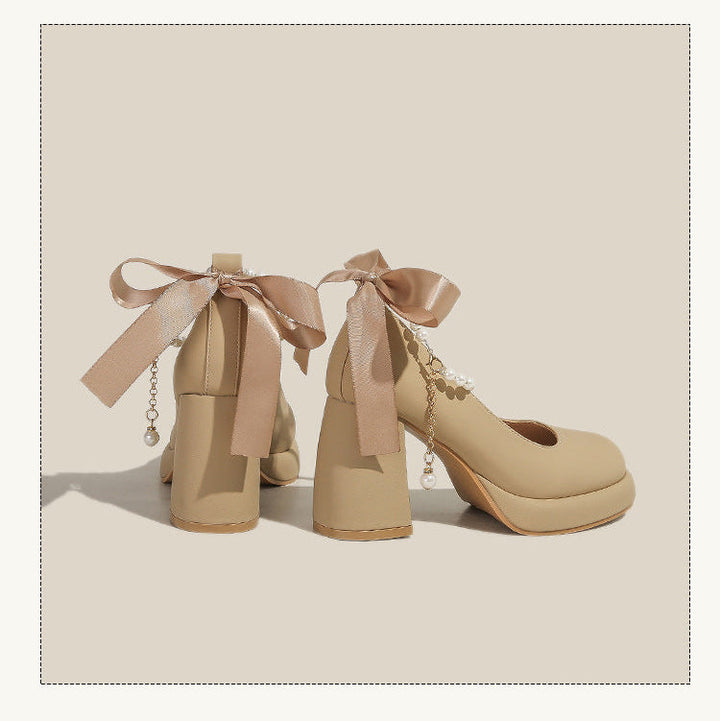Women's Platform Pump - Block High Heel with Bow & Pearl Details