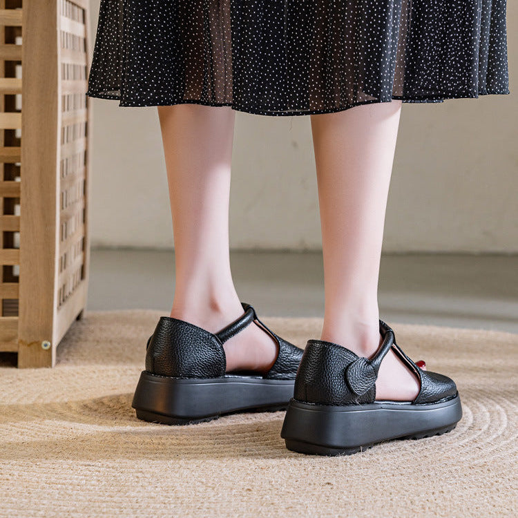 Women's Leather Thick-Sole Open-Toe Casual Velcro Sandals