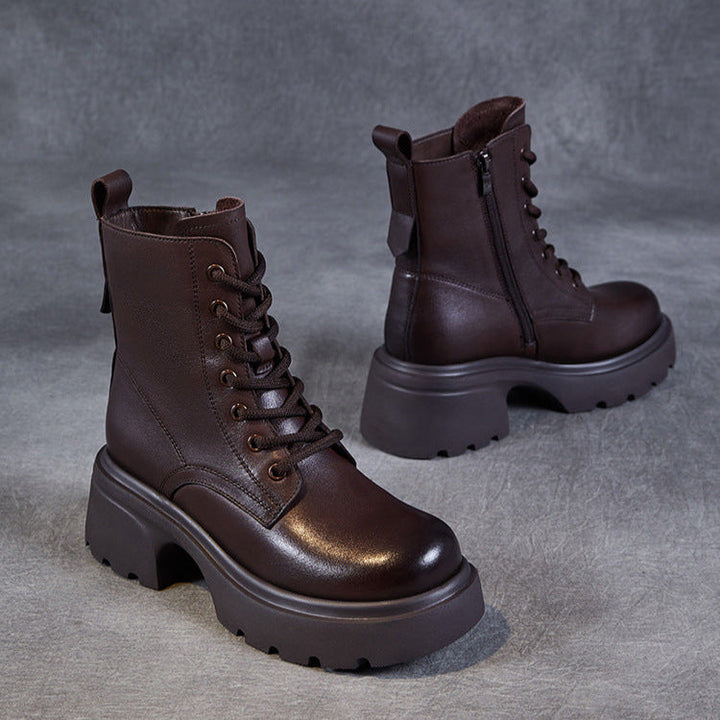 Women's Casual Genuine Leather Platform Boots – Chunky Heel & Side Zip