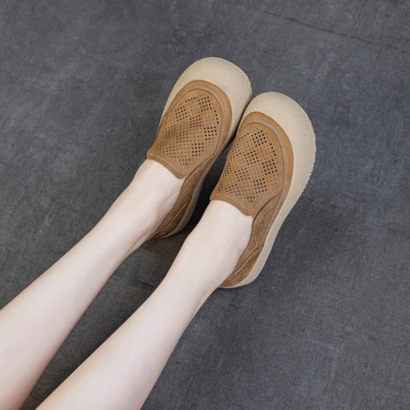 Womens Summer Perforated Leather Slip-on Loafers Breathable Platform Casual Walking Shoes