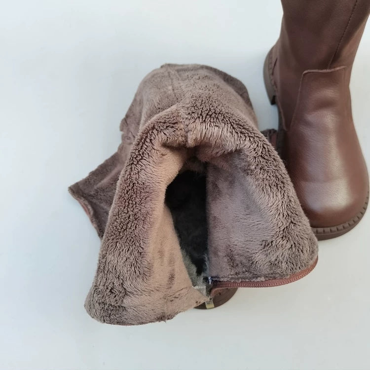 Women's Winter Fleece-lined Wide Toe Box Genuine Leather Knee High Boots British Style Riding Boots