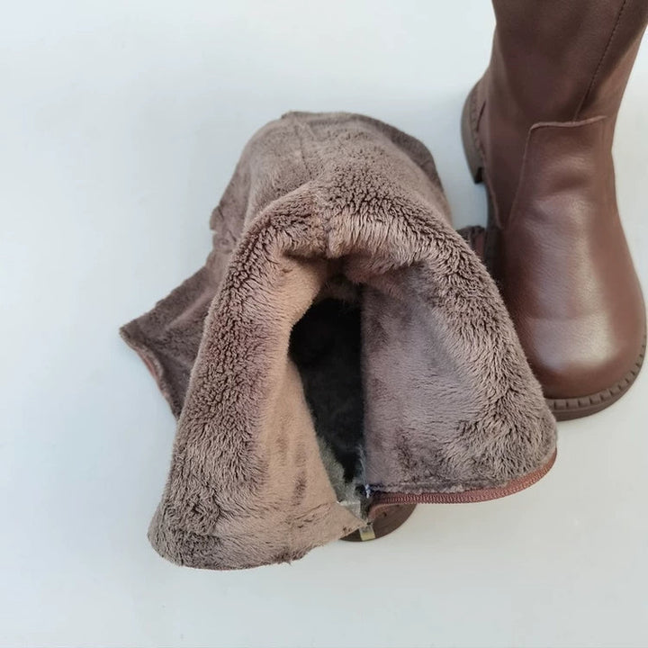 Women's Winter Fleece-lined Wide Toe Box Genuine Leather Knee High Boots British Style Riding Boots