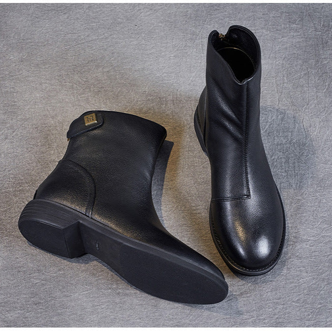 Women's Genuine Leather Short Boots – Minimalist Design with Zipper Closure