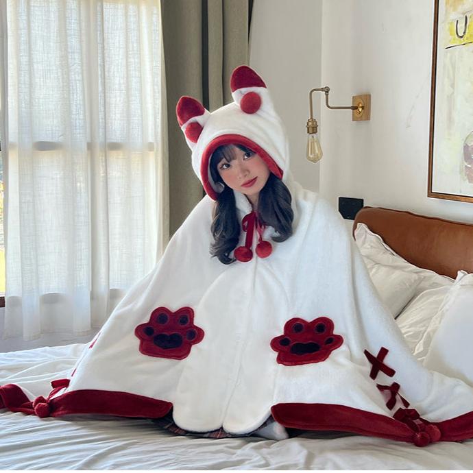 Japanese Kawaii Cartoon Fox Paw Plush Hooded Blanket