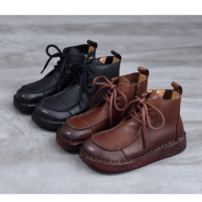 Women's Leather Flat Ankle Boots – Comfortable Casual Lace-Up Zipper Style