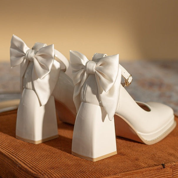 Wedding Shoes Square Toe Bow Accent Mary Jane Pumps