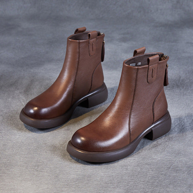 Women's Low Heel Casual Genuine Leather Boots with Back Zipper