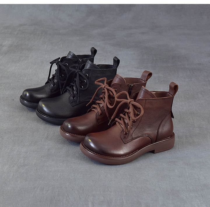 Women's Vintage Leather Ankle Boots Zipper Lace Up Flat Combat Booties