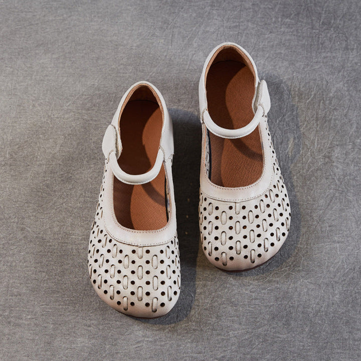 Women's Leather Mary Jane Sandals - Vintage Perforated Cut-Out Closed Round Toe Flat Shoes with Velcro