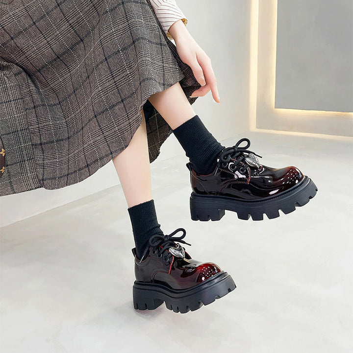 Women's Leather Oxford Shoes - Platform Chunky High Heel Derby  Shoes Lace-up Round Toe Spring Fall Brogues