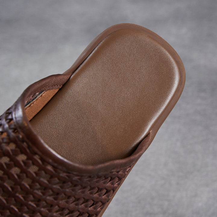 Women's Square Toe Woven Mules Genuine Leather Platform Slippers Barefoot-Friendly