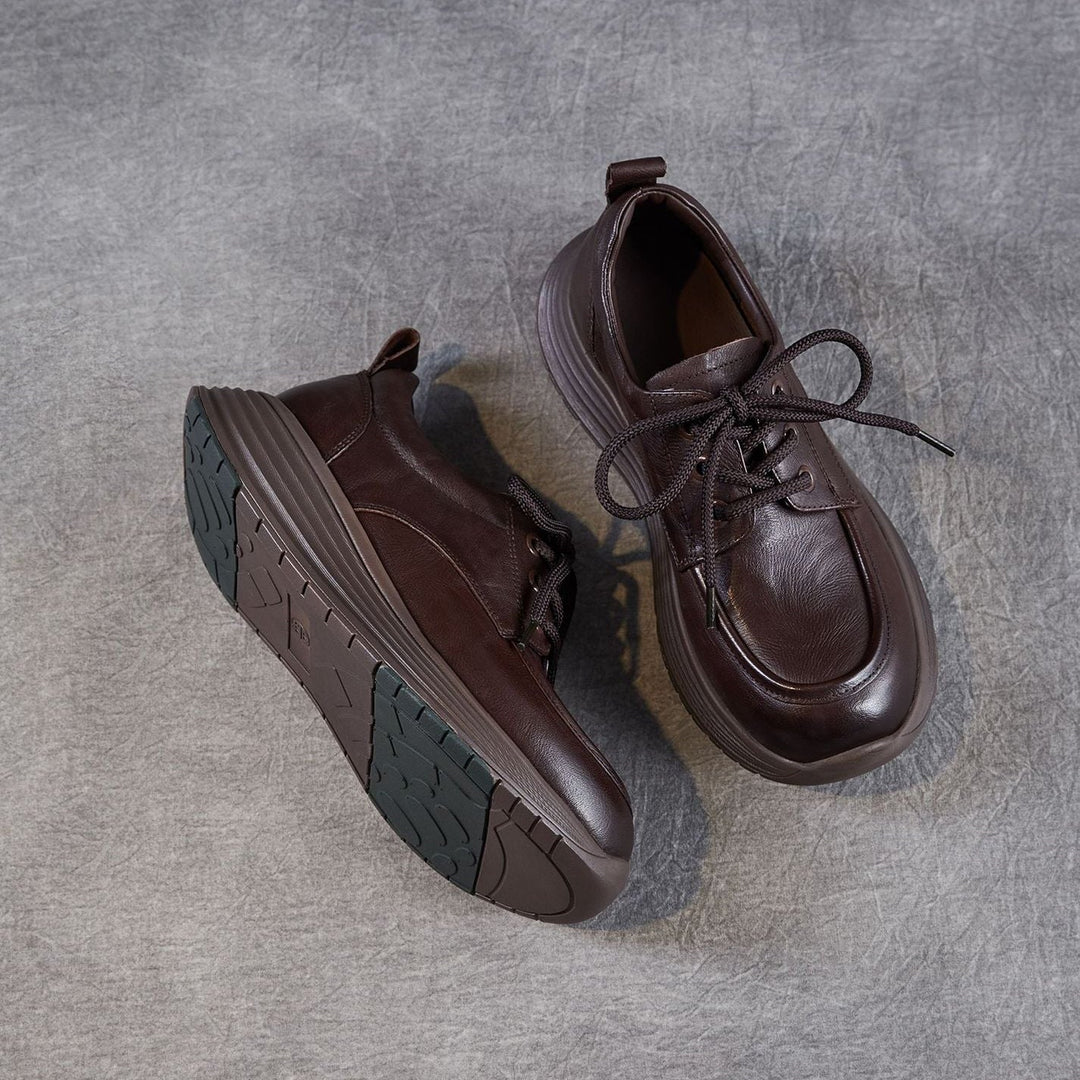 Women’s Leather Lace-Up Platform Wedge Shoes – Retro Non-Slip Casual Style