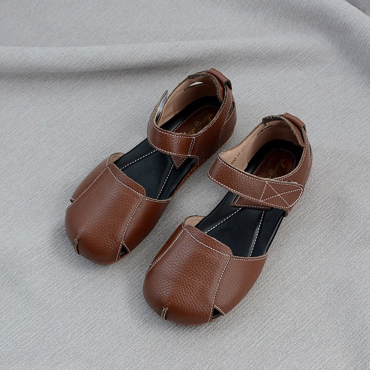 Women's Soft Leather Closed-Toe Velcro Sandals – Comfortable Flat Style