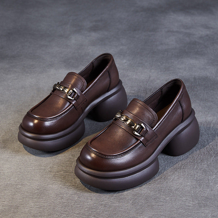 Women’s Leather Platform Block Heel Loafers – British Vintage Chain Detail