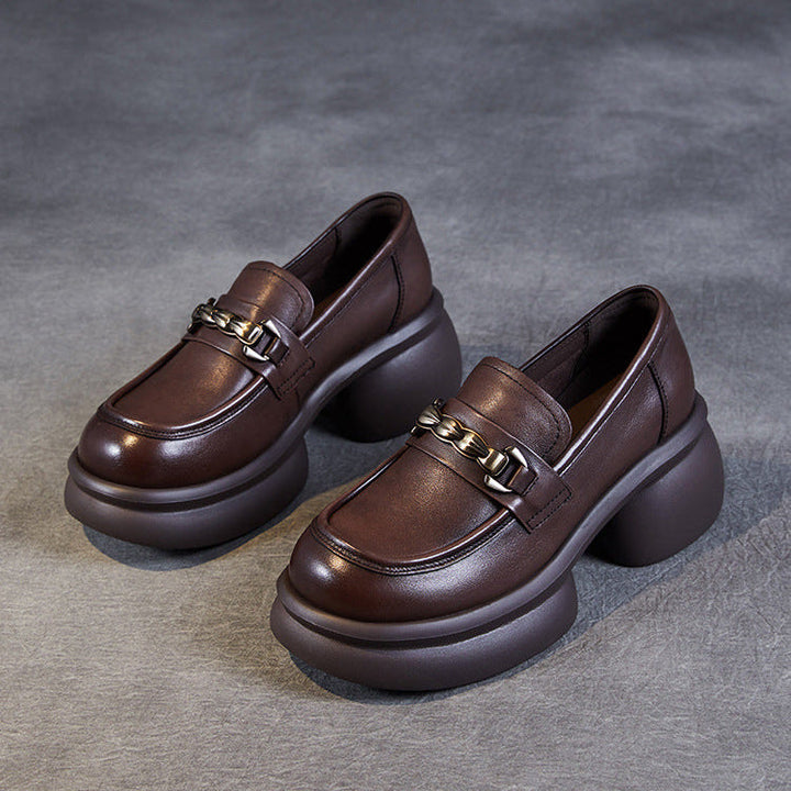 Women’s Leather Platform Block Heel Loafers – British Vintage Chain Detail