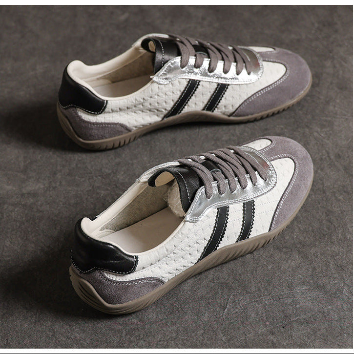 Women's Genuine Leather Retro Sneakers Patchwork Flat Lace Up Casual Walking Shoes
