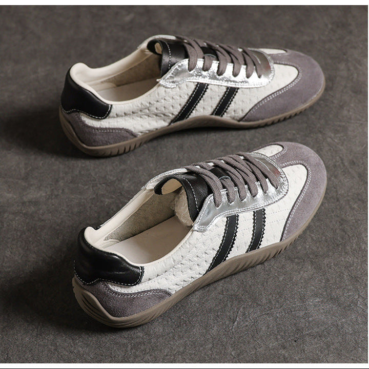 Women's Genuine Leather Retro Sneakers Patchwork Flat Lace Up Casual Walking Shoes