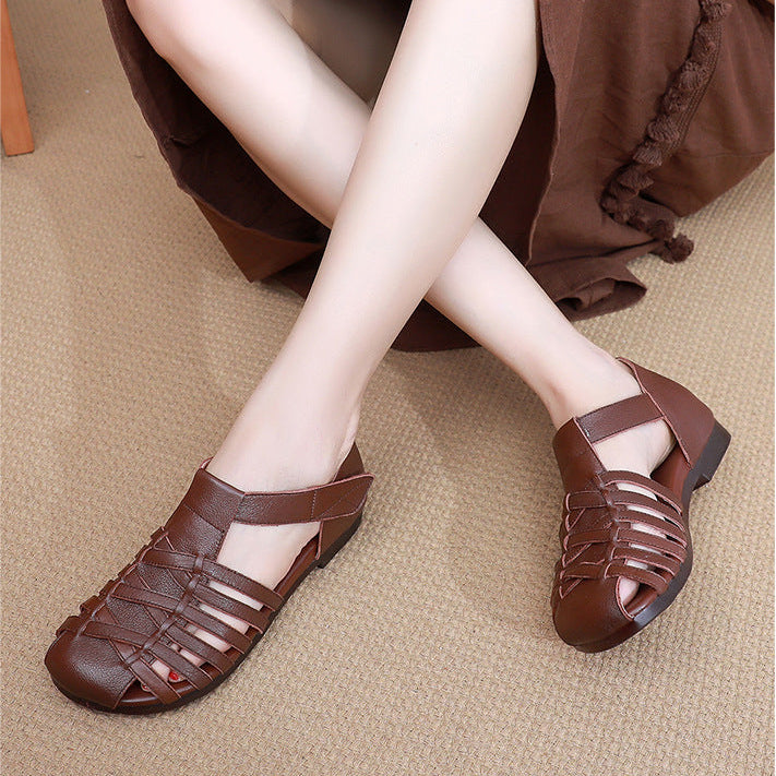 Women's Leather Fisherman Sandals Velcro Woven Summer Hollow-Out Casual Walking Flats