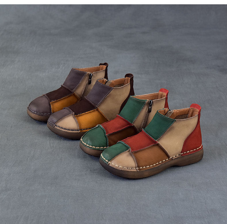 Women's Vintage Patchwork Leather Ankle Boots Hand-Stitched Flat Booties Zipper