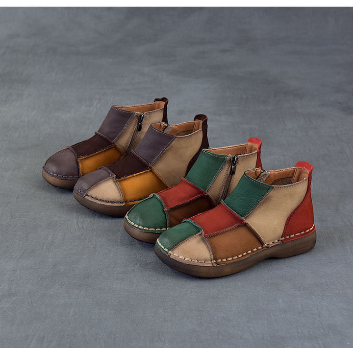 Women's Vintage Patchwork Leather Ankle Boots Hand-Stitched Flat Booties Zipper