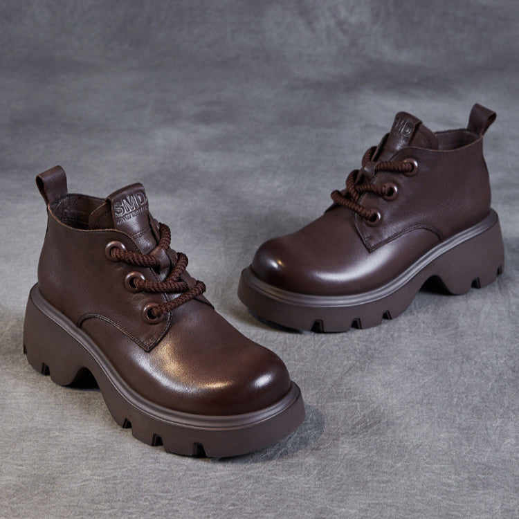 Women's Retro Genuine Leather Platform Lace-Up Chunky Boots