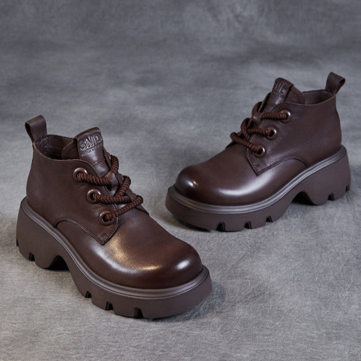 Women's Retro Genuine Leather Platform Lace-Up Chunky Boots