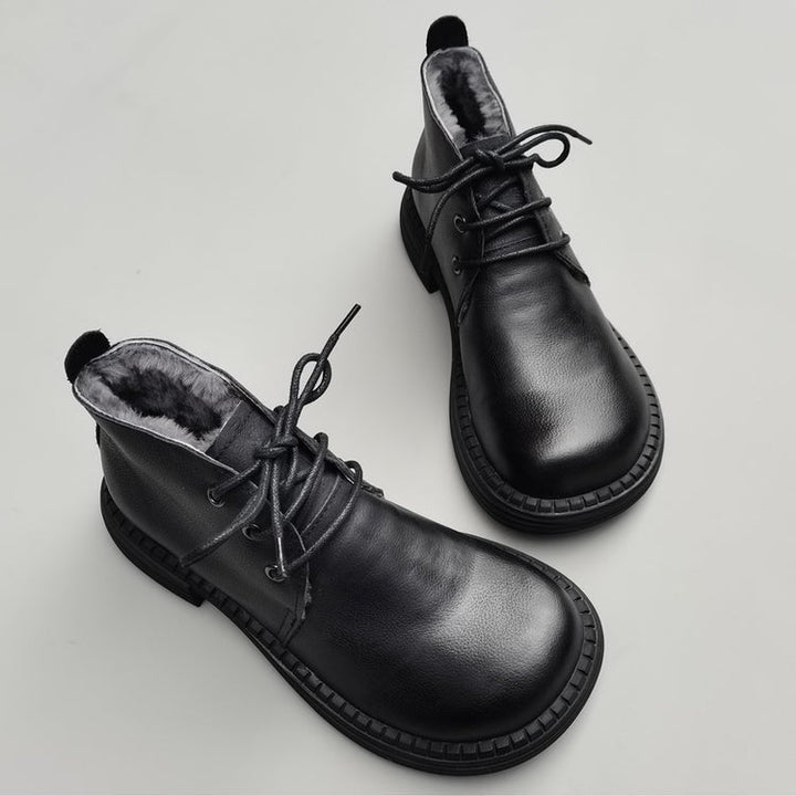 Wide Toe Leather Ankle Boots for Women – Lace-up Handmade Shearling Winter Shoes