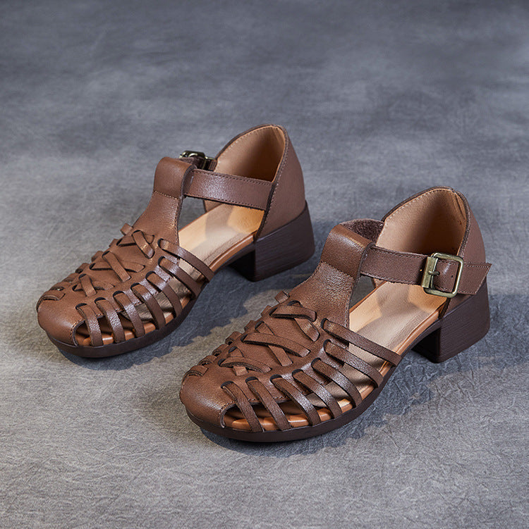 Women's Leather Fisherman Sandals - Vintage Interlocking Woven Closed Mid Block Heel Shoes with Buckle