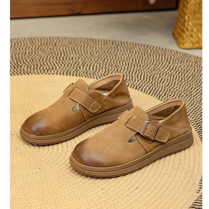 Vintage Leather Loafers - Women’s Round Toe Casual Flats with Adjustable Velcro Strap