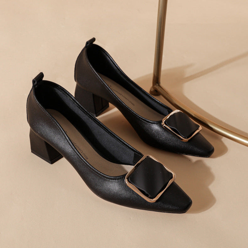 Women's Leather Pointed Toe Mid Heel Stylish Pump