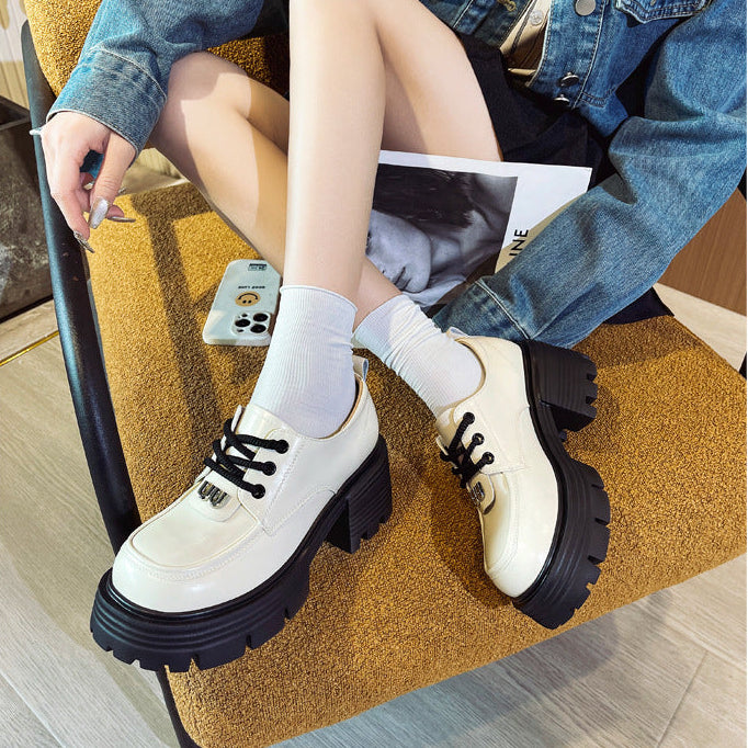 Women's Leather Platform Oxfords - Gothic Lug Sole 7cm Block Chunky High Heel  Lace-Up Shoes