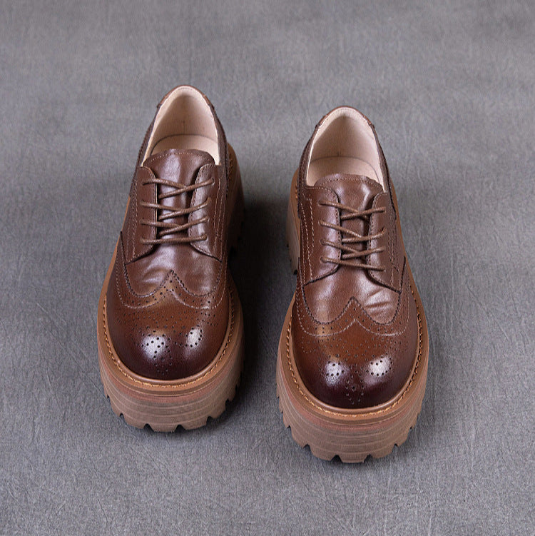Women's British Style Brogue Oxfords - Genuine Leather with Chunky Sole
