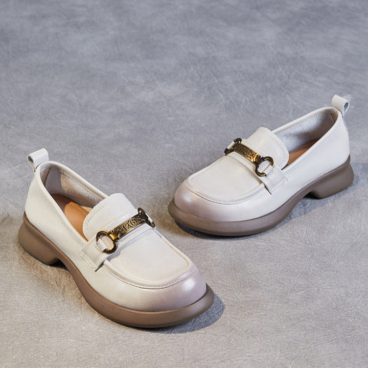 Women's Retro Soft Genuine Leather Loafers – Comfortable Chain Detail