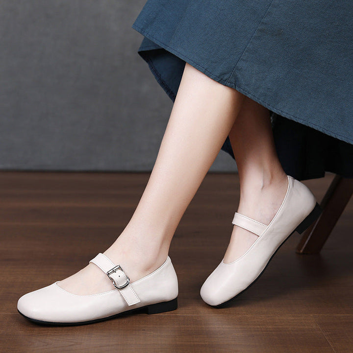 Women‘s Retro Leather Mary Jane Flats Vintage Square Toe Casual Ballet Shoes