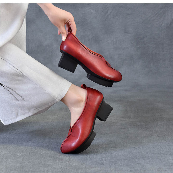 Women's Block Heel Leather High Heels – Slip-On Japanese Design
