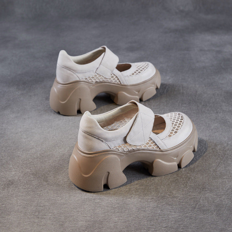 Women's Leather Platform Mary Janes - Mesh Hollow Out Breathable Closed Chunky Sole Sneakers with Velcro