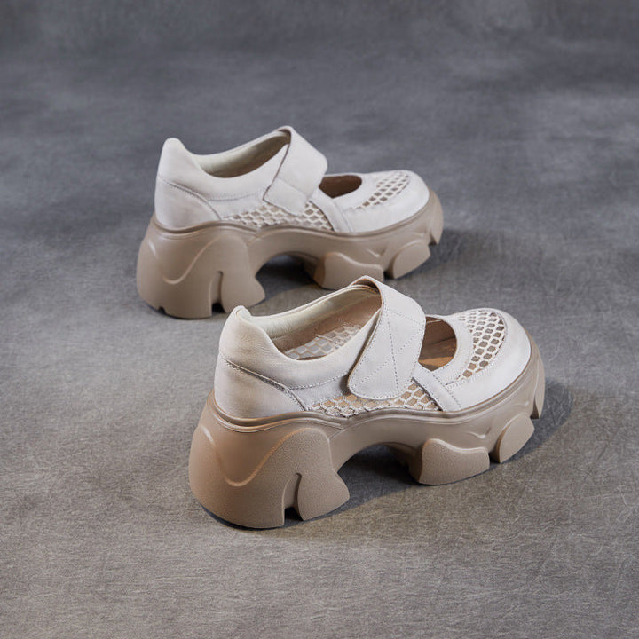 Women's Leather Platform Mary Janes - Mesh Hollow Out Breathable Closed Chunky Sole Sneakers with Velcro