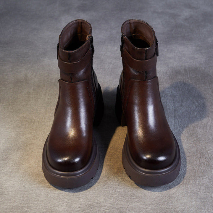 Women's Stylish Genuine Leather Platform Boots – Chunky Heel, Buckle & Side Zip