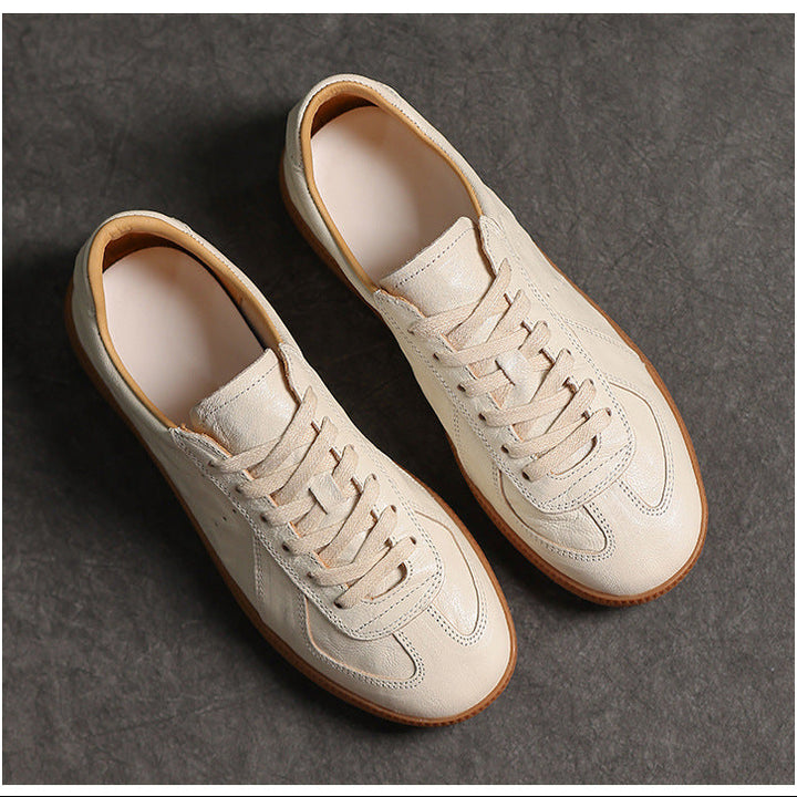 Women's Genuine Leather German Army Trainer Sneakers Retro Low Top Flat Shoes