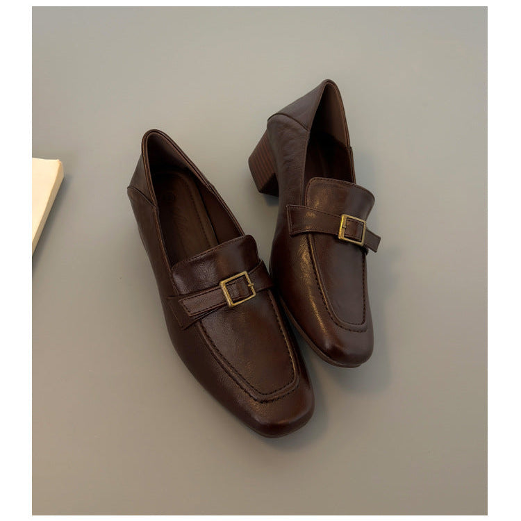 Women's Premium Leather Loafers - Square Toe Vintage Buckle Strap Chunky Heel Pumps