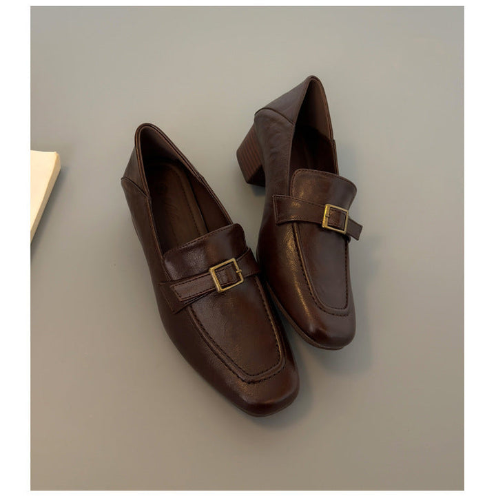 Women's Premium Leather Loafers - Square Toe Vintage Buckle Strap Chunky Heel Pumps